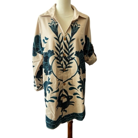 KAANA SWIMWEAR SHIRT DRESS SM OVERSIZED ROLL TAB SLEEVE FLORAL RABBIT TROPICAL - Picture 2 of 12